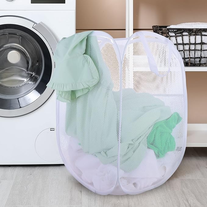 2 Pack Laundry Basket,Foldable Mesh Popup Laundry Hamper with Durable Handle,Easy to Open and Fold for Dorm, Laundry Room, Bedroom, RV(White+ White)…