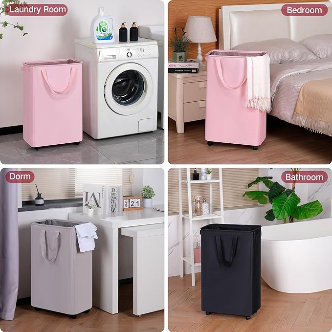 Slim Laundry Hamper with Wheels, Rolling Laundry Basket for Clothes, Small Laundry Basket for Bedroom, Dorm and Laundry Room, 75L (19.8 Gallons) Beige