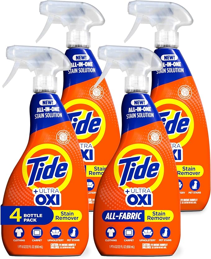 Tide Laundry Stain Remover Spray with Oxi | Stain Remover for Clothes, Carpet, Upholstery, Pet Bedding, & More | Stain Treater Spray for Tough Stains from Wine, Coffee, Grease | 22 Fl Oz (Pack of 4)