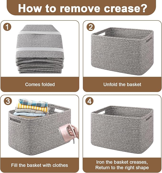 OIASKET Storage Baskets for Organizing, Woven Decorative Baskets for Shelves - Books, Towels, and Clothes, Cotton Rope Toy Storage Bins, 12.7''Lx9''Wx7.8''H, Pack of 4, Grey