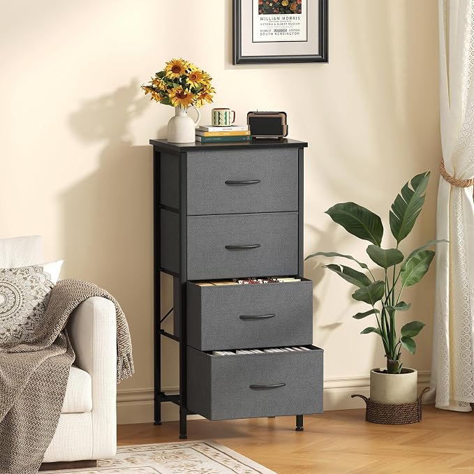 Sweetcrispy Dresser for Bedroom, 4 Drawer Storage Cabinet, Tall Nightstand | Small Fabric Dresser for Closet, Chest of Drawers, Closet Organizer, Home Furniture, Dorm, Sturdy Frame, Gray