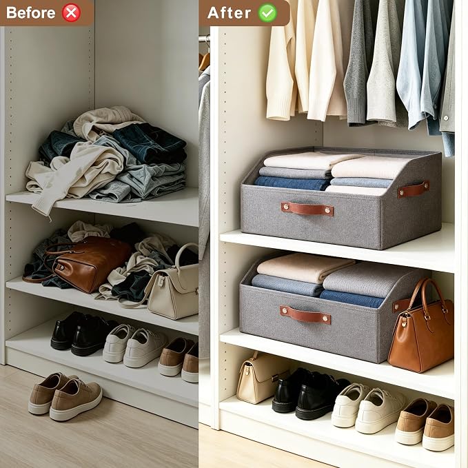 Bagnizer Closet Organizers and Storage, Linen Trapezoid Storage Bins with Handles, Collapsible Shelf Organizer for Blanket, Towel, Clothes, Hats, Purse (Gray)