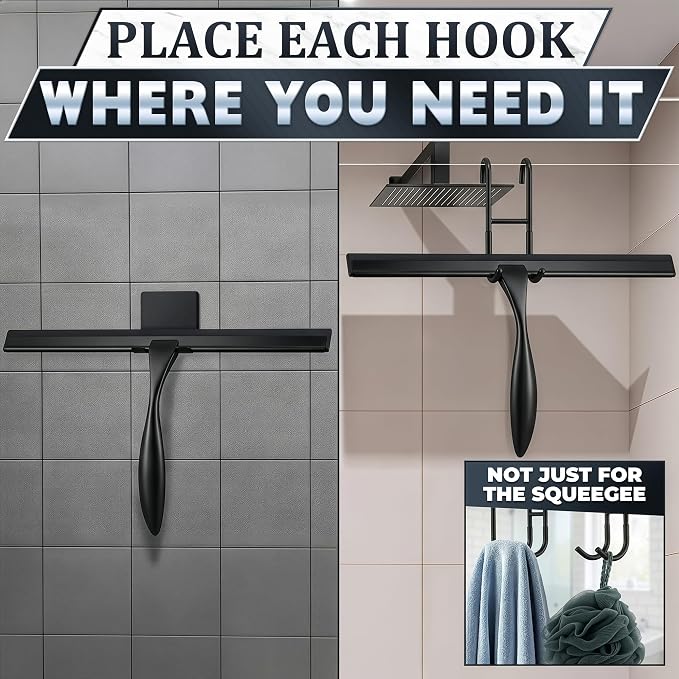 14 Inch Shower Door Squeegee - Black Shower Squeegee for Streak-Free Bathroom Glass - Stainless Steel Cleaner with Silicone Blade, Adhesive & Hanging Hooks for Mirror, Tile, Window, Car, Everyday Use