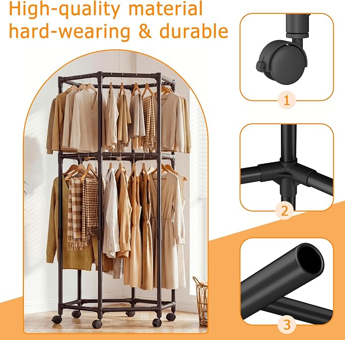 360° Rotating Hexagonal Clothes Hanger With Wheels, Space-Saving Freestanding Floor With Double Layer Hanging Bars, Multi-Compartment Floor-Standing Clothes Rack (Regular-White)