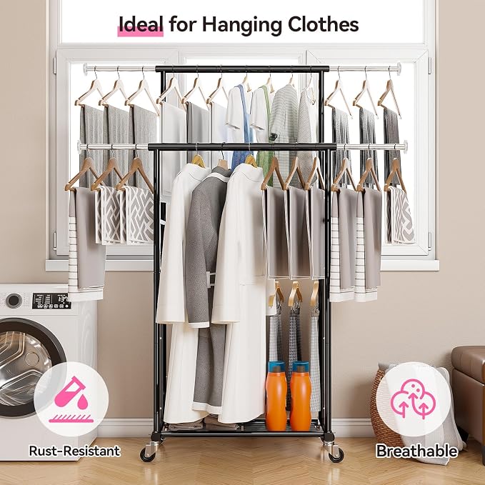 SUFAUY Clothes Rack, Double Rods Rolling Clothing Rack for Hanging Kid Clothes, Portable Garment Rack with Wheels, Coat Rack Wardrobe Closet Load 350 LBS (Black)