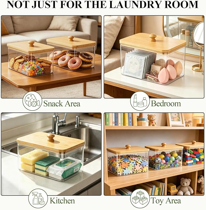 Dryer Sheet Holder with 6 Labels, for Laundry Room Organization and Storage | Clear Dryer Sheet Container with Lid, Dryer Sheet Dispenser, Laundry Pods Storage for Laundry Room Decor(Bamboo)