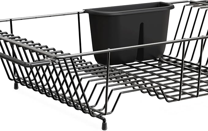 Simple Houseware Large Over Sink Counter Top Stainless Steel Dish Drainer Drying Rack with Utensil Holder, Black