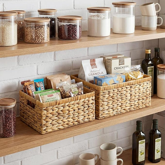 StorageWorks Wicker Storage Baskets, Handwoven Water Hyacinth Basket for Organizing, Decorative Organizers with Built-in Handles, Set of 2