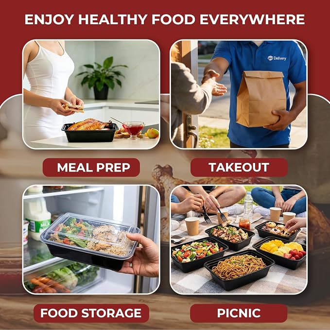 100 Pack (200-Piece) 32 oz Meal Prep Containers with Lids Reusable Food Storage Containers Sturdy Leakproof To Go Plastic Takeout Containers for Microwave, Freezer, Dishwasher Safe