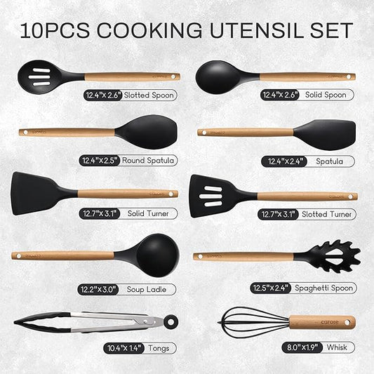 CAROTE Silicone Cooking Utensils Set for Nonstick Cookware, 446°F Heat Resistant Kitchen Utensil Set with Wooden Handle 10pcs, Spatula, Turner, Spoon, Tongs, Whisk