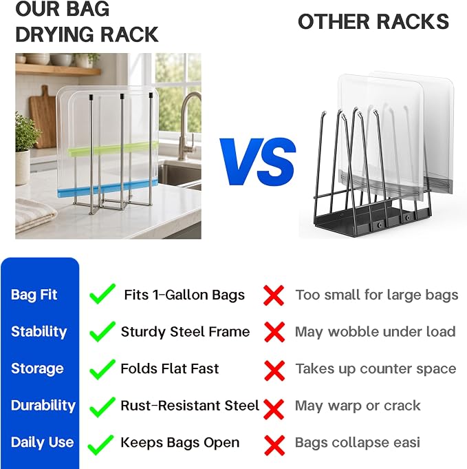 Reusable Bags Drying Rack, Extra Tall Foldable Stainless Steel Stand for 1 Gallon & Quart Zip-Top Reusable Bags, Plastic Bag Dryer for Silicone, Sandwich & Snack Storage Bags, Silver, 1 Pack