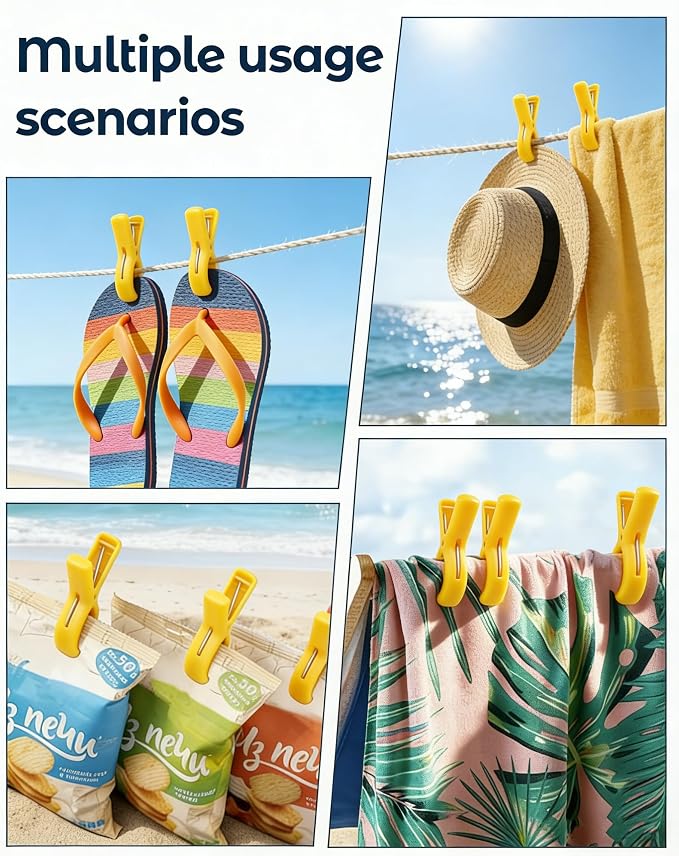 10 Pack Beach Towel Clips Heavy Duty Large Beach Essentials Chair Pool Clip | Yellow Clips with Strong Grip, Silicone Protection, Rust Resistant Spring, Multi-Use for Beach, Boat, Cruise & Outdoors
