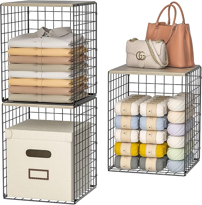 3-Pack Taller Closet Organizers and Storage with Wood Top, Stackable Wire Storage Bins for Clothes, Bags, Towels, Double Storage Design, Sturdy Metal Cube Shelf Organizer for Closet Wardrobe, Black