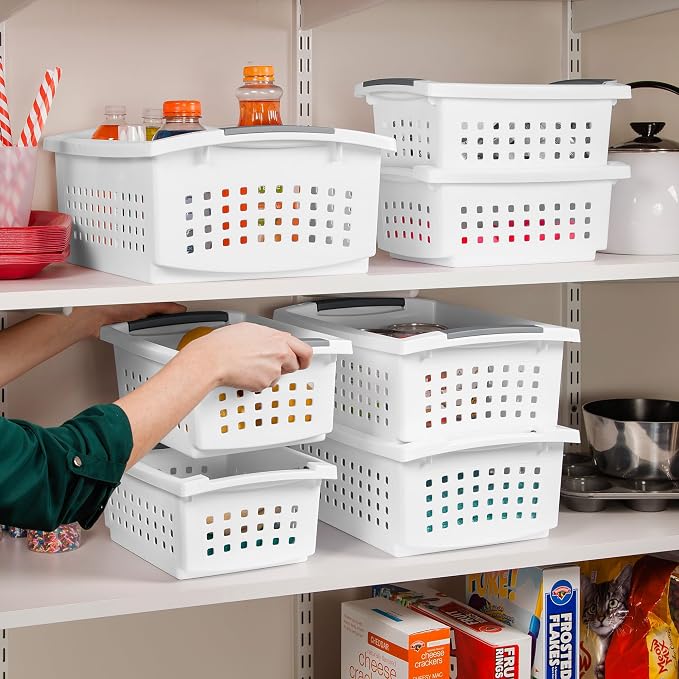 Sterilite 12 Pack Large Stacking Basket, Open Top Storage Bin with Handles, White - Ideal for Home Closets, Kitchens, or Office Organization
