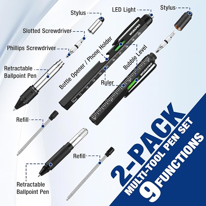 WORKPRO Father’s Day Gifts for Men, 9 Functions Multi-tool Pen Set, Birthday Gifts for Who Have Everything, Cool EDC Gadgets for Men, Stocking Stuffers, for Dad Grandpa Husband Him Adults Boyfriend