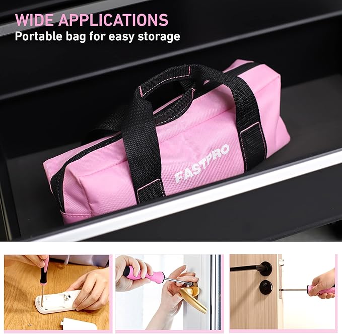 FASTPRO 12-Piece Pink Magnetic Screwdrivers Set with Slotted Phillips Screwdrivers and Precision Screwdrivers, Repair Tool Kit for Women with Storage Bag | 4 Phillips & 4 Slotted Tips, 4 Precision Screwdrivers, CR-V Steel, Ergonomic Handles, Home Repai...