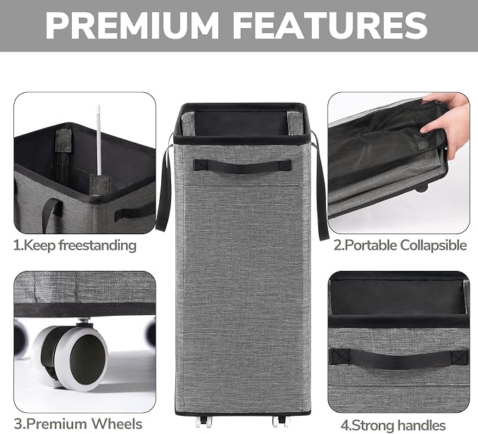 Goodpick 75L Collapsible Laundry Baskets with Removable Wash Bag and Wheels | Laundry Basket with Wheels, Rolling Laundry Hamper with Handle for College Dorm, Laundry Hamper on Wheels, Light Grey