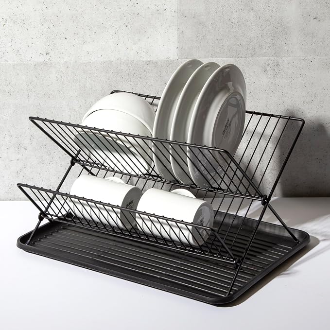 BINO 2-Tier Collapsible Dish Rack with Tray - Matte Black | Dish Drainer Kitchen Plate | Holders for Cups & Plates | Foldable Rack for Kitchen Countertop | Storage and Organization