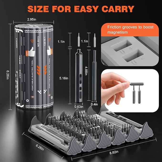 138-IN-1 Electric Screwdriver Set Cordless with 120 Precision Bits, Gray | Rechargeable Screw Driver with LED Light Magnetic Storage Home Repair Tool Kit for Electronics, Camera, Watch, PC RC