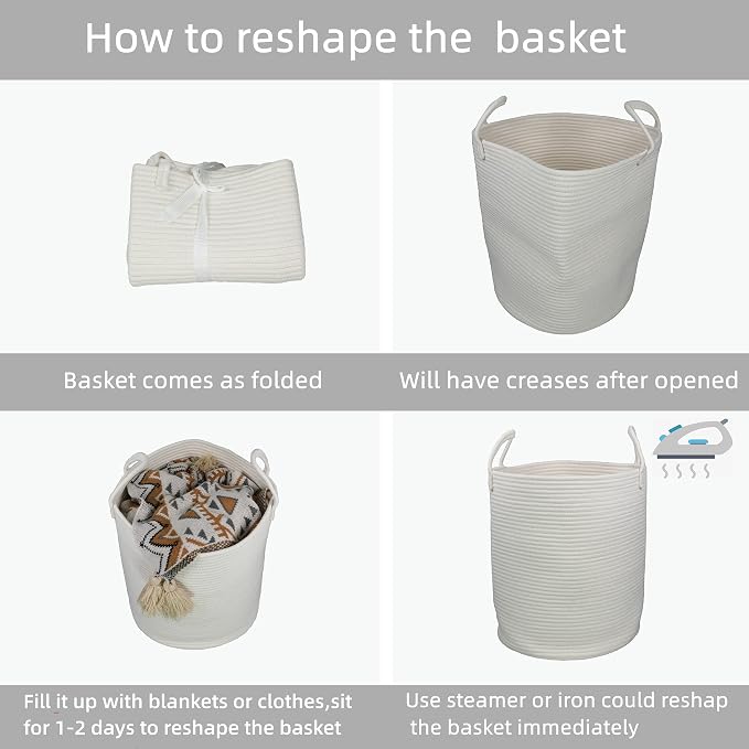 Woven Cotton Rope Laundry Basket, 15" x 20" Laundry Hamper, White | Rope storage basket for dirty clothes, toys and blankets. Perfect for bathroom, baby nursery and living room storage.
