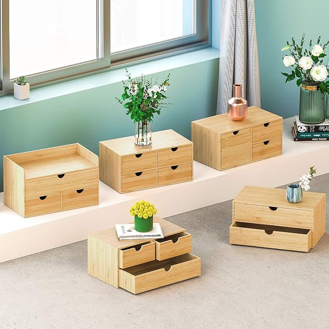 Bamboo Desk Drawer Organizer, Desktop Organizer with Drawers(3 Drawers) | 3 Drawers Open Top Tray Fully Assembled Stores Pens, Notes, Makeup, Jewelry & Toiletries for Office, Vanity & Bath