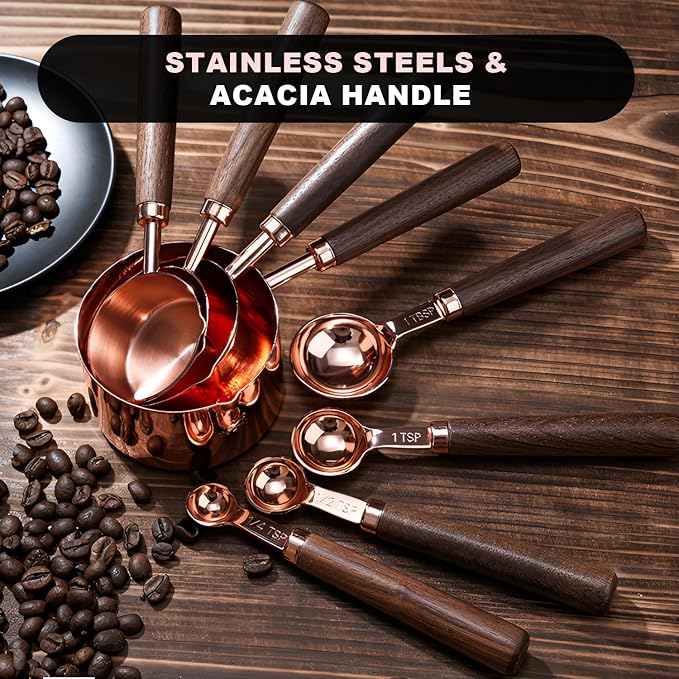 SHIKORI Gold Measuring Cups and Spoons Set with Wood Handles, Premium Stainless Steel Measuring Spoons and Measuring Cups Set, For Cooking and Baking in the Kitchen-Rose Gold-4Cups