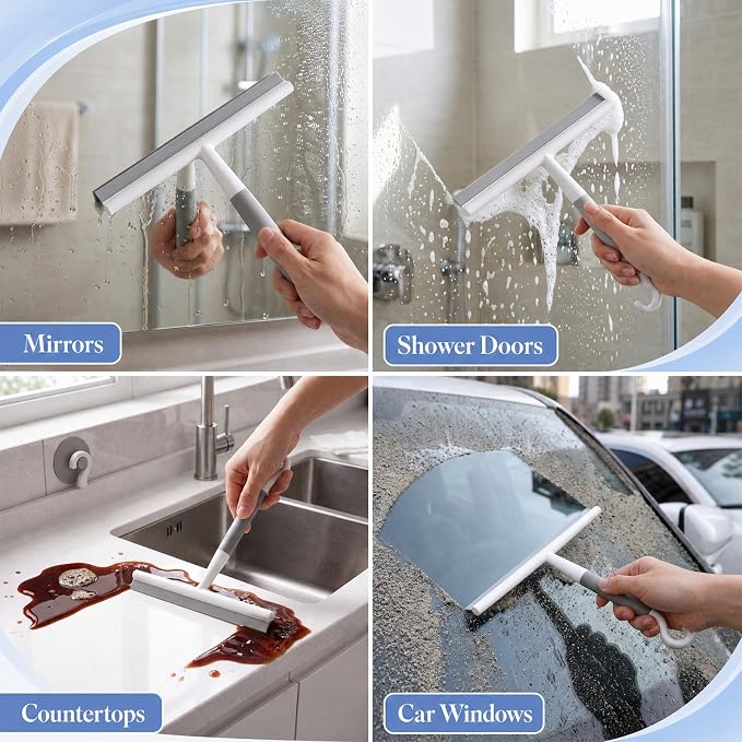 Domensi 3 Pack Silicone Shower Squeegee for Glass Doors with Hook & Suction Cup 8.7" Bathroom Window Squeegee Glass Wiper Streak Free for Bathroom Shower Doors, Mirrors, Car Windows & Kitchen Counters