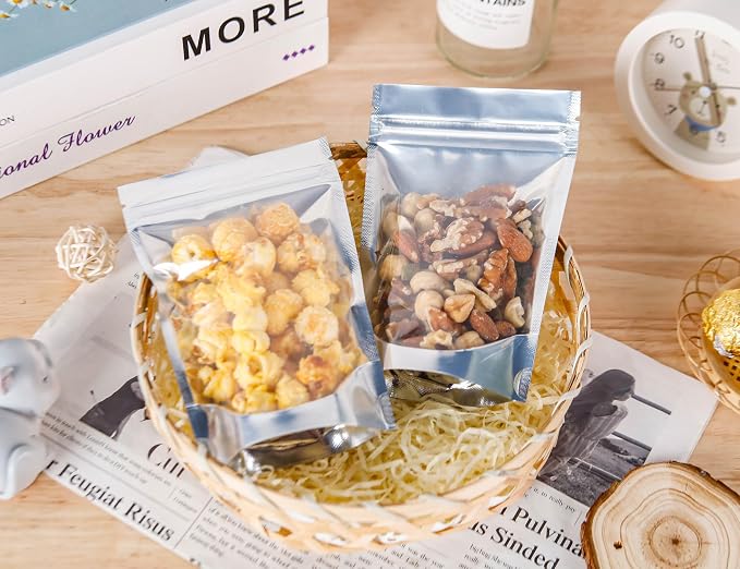 200 Pack Silver Mylar Bags with Window, 4x6 in Pouches | 7.5 Mil Thick, Food Storage, Resealable Closure, Small Business Packaging, Upright Base, Viewing Panel