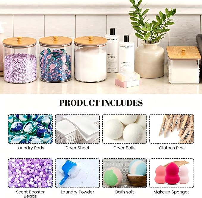2+1 Pack Glass Laundry Pods Container & Acrylic Dryer Sheet Holder, Clear Laundry Room Organization Containers with Bamboo Lids & Labels, Powder Laundry Detergent Container for Scent Booster, Powder