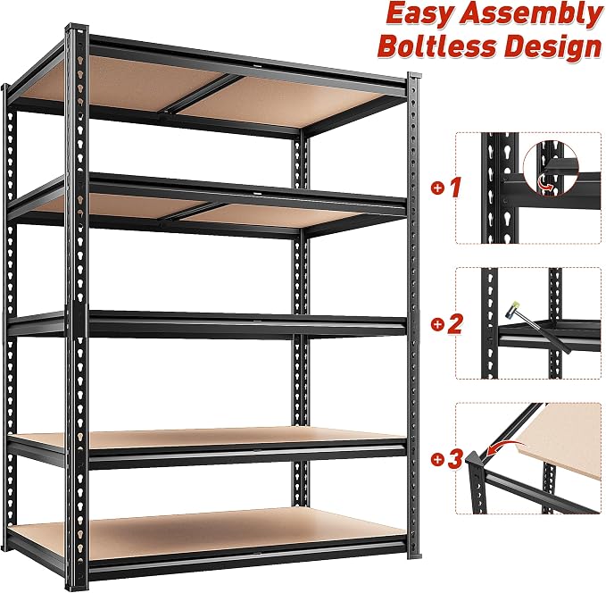 REIBII 2400LBS Storage Shelves 5 Tier Garage Shelving Heavy Duty, Adjustable Metal Shelving, Garage Shelves for Basement, Warehouse, Pantry, Closet, Kitchen 72" H x 36" W x 16" D, Black, 4 Pack
