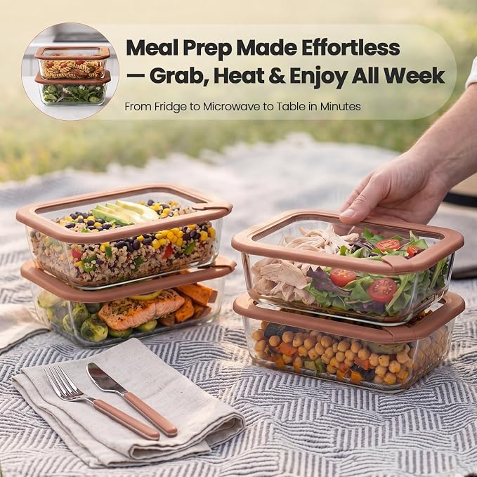 Taree Glass Food Storage Containers, 8 Pack 35oz, Brown Lids | Warm Brown Lid Design • Glass & Silicone Lids • Airtight Leakproof Seal • Steam Vent • Microwave-Safe Lid