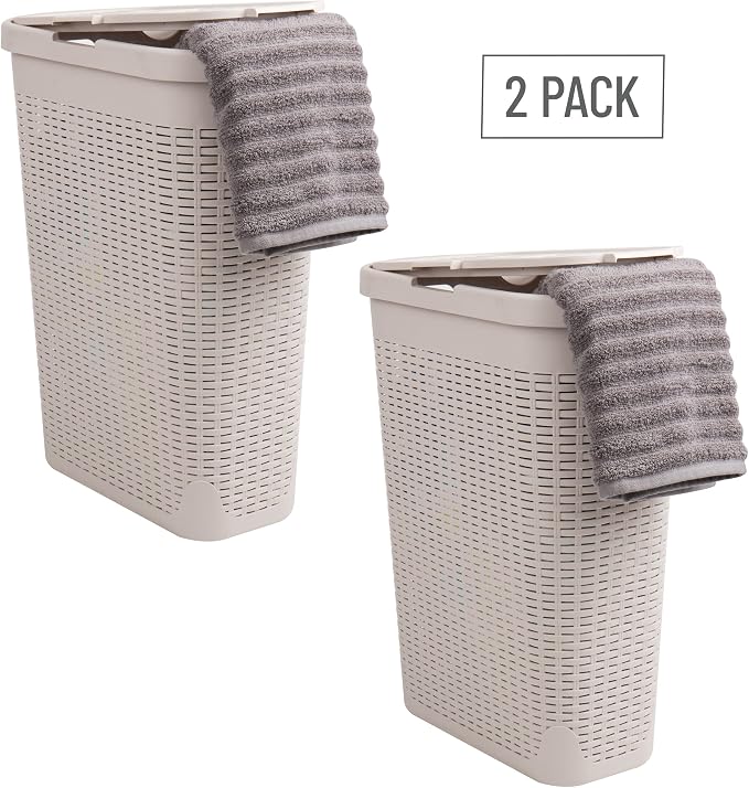 Mind Reader 40L Slim Laundry Hamper with Lid, Narrow Clothes Baskets, Set of 2, Ivory
