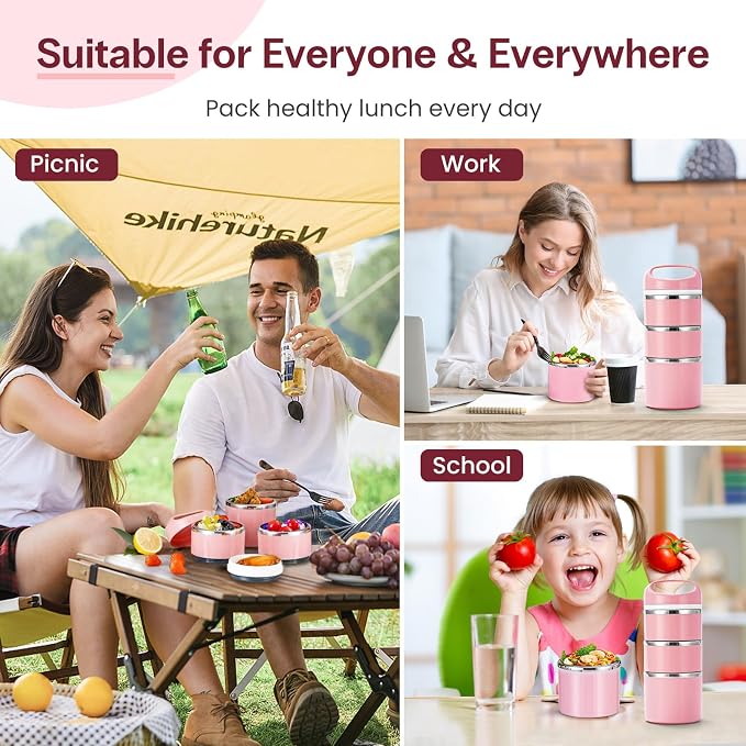 Lille Home Stackable Stainless Steel Thermal Compartment Lunch/Snack Box, 3-Tier Insulated Bento/Food Container with Lunch Bag and Three Extra Seals, 43OZ (Pink)