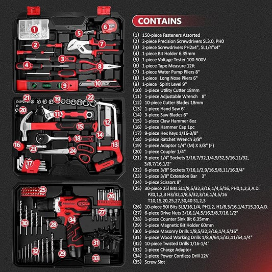 KingTool 276-Piece Tool Set Kit - Tool kit with 12V Cordless Power Drill Driver Toolbox Storage Case with Drawer, Drill Set Perfect for Homeowner, Diyer, Handyman