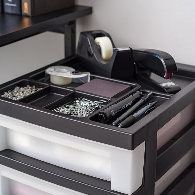 IRIS USA 6-Drawer Rolling Storage Cart with Organizer Top, Black/Pearl | Keep craft supplies, office essentials, classroom items, and accessories organized with easy-access drawers for daily use
