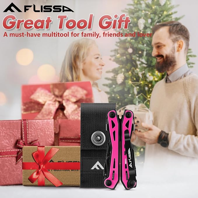 FLISSA 16-In-1 Multi-Tool Pliers, EDC Multitool, Multipurpose Tool, Pink | Gift for Men, Stainless Steel, Pocket Knife, Belt Clip, Oxford Pouch, Safety Locking, For Camping, Survival & Outdoor