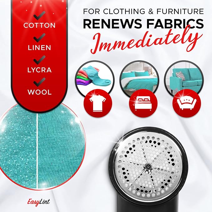 EasyLint Rechargeable Fabric Shaver Lint Remover, Effectively Remove Fuzz, Pills & Bobbles from Clothes, Sweaters, Couch and Furniture, 3-Speeds, 6-Leaf Blade Lint Shaver, LED Display & USB Charging