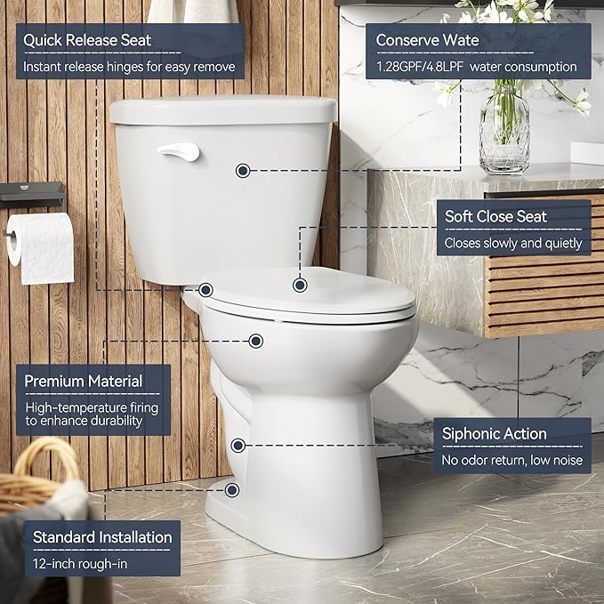 Two Piece Toilet, Elongated Bowl and Locking PP Lid - Side Push Handle, CUPC Certified, Water Efficient 1.28 GPF, Modern Design