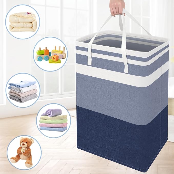 BlissTotes 3-Pack Laundry Basket, Collapsible Laundry Hamper, Blue, 88L | Laundry Clothes Hamper, Hampers for Bedroom, Freestanding Hamper with Handles, Clothes Laundry Basket