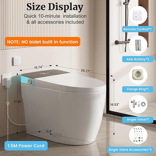 Smart Toilet with Elongated Heated Seat, Dual Auto Flush, Manual Soft-Close Seat & Lid, Night Light, Tankless Electric Toilets for Bathroom with Siphon Dual Flush 0.8/1 GPF, MAP 1000g
