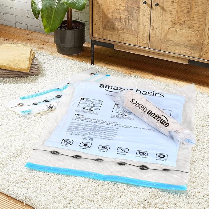 Amazon Basics Roll-Up Travel Compression Storage Bags for Clothes and Towels, No Vacuum Needed, Clear, 12 Count (6 Small & 6 Medium) Multiple (Pack of 10)