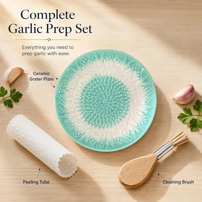 Handcrafted Ceramic Garlic Grater Plate 4-Pc Set, 5.12" Handmade Porcelain Grinding Dish with Wooden Boar Bristle Brush & Textured Silicone Peeler, Celadon Green Embossed Lily