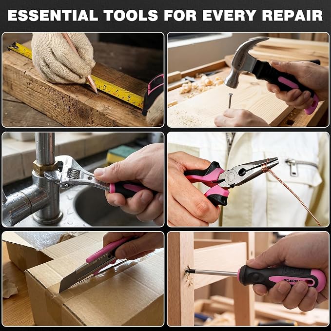 Tool Set, Tool Kit for Home, 8V Cordless Drill Set, 157PCS Tool Kit with Drill, General Household Hand Tool Box with Storage Case, Power Drill Kit for Women and Men, Home Maintenance and Repairs(Pink)