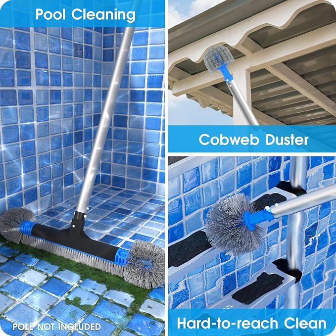 Upgraded Pool Brush with Pole - 20’’ 2-in-1 Heavy Duty Detachable Round Brush with Extra Side Brush for Cleaning Hard-to-Reach Corners, 9 FT Aluminum Extended Pool Pole with Hidden Hook Retriever