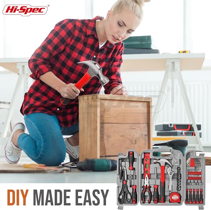 Hi-Spec Household Tool Kit - DIY Hand Tool Set with Toolbox for Home, Red | Essential DIY Hand Tools, Garage, Office maintenance, Basic Repairs, First Apartment, New Home, Everyday Home Improvement