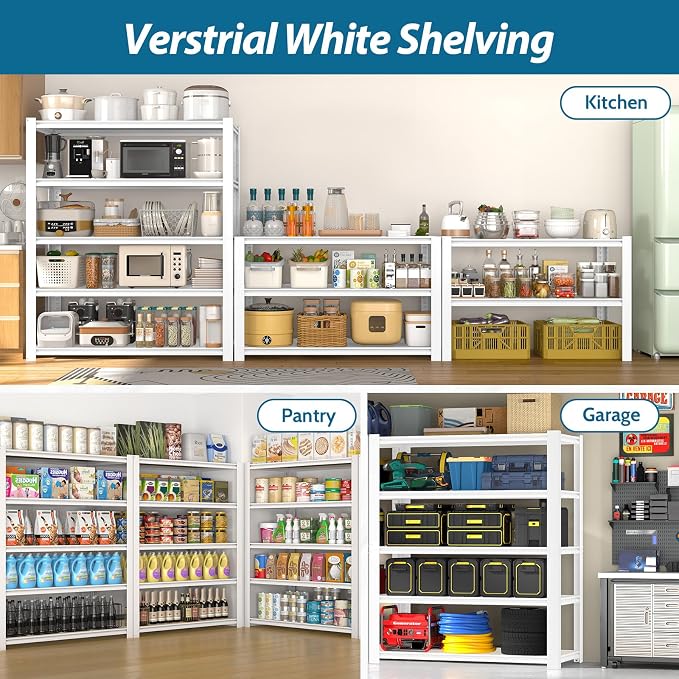 PrimeZone 28" W x 12" D x 59" H Closet Storage Shelves - 5 Tier White Metal Connector Shelving, Adjustable Heavy Duty Garage Shelves, Utility Rack Organizer Shelf for Kitchen Pantry Closet, 2 PCS