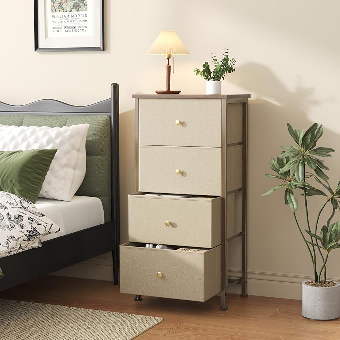 Sweetcrispy Dresser for Bedroom, 4 Drawer Storage Cabinet, Tall Nightstand | Small Fabric Dresser for Closet, Chest of Drawers, Closet Organizer, Home Furniture, Sturdy Frame, Khaki