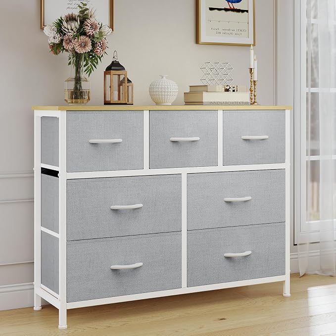 OLIXIS 7 Drawer Closet Organizer, Storage Tower with Sturdy Steel Frame | Dresser for Bedroom, Wooden Top & Easy Pull Fabric Bins, Clothes Organization, Living Room Entryway, Light Gray