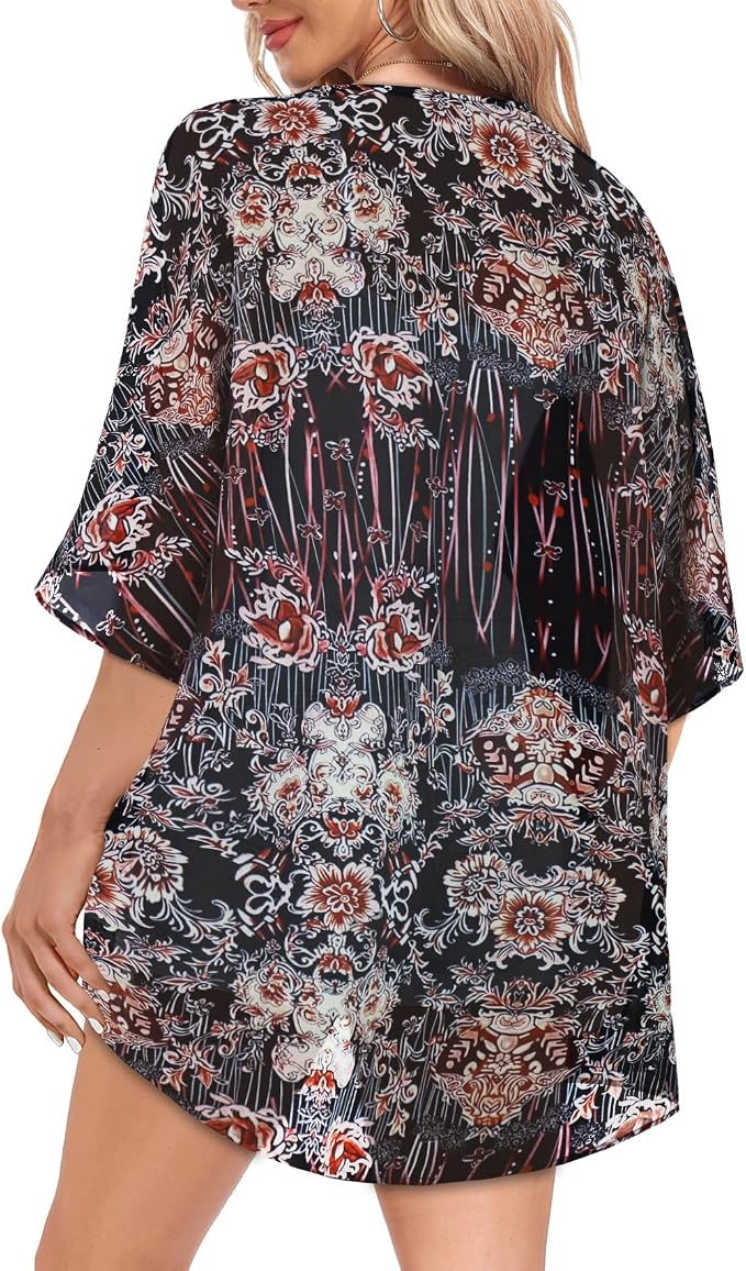 Women Kimono Cardigans Summer Cover Up Hawaiian Shirts Floral Print Tops | ROSEMIA chiffon kimono open front cardigans, beach cover ups, daily casual tops, cruise outfits, summer resort wear