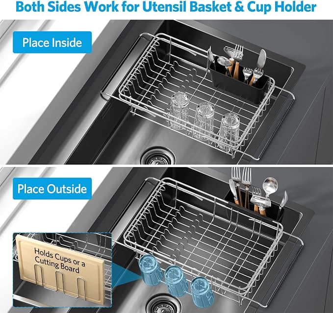 Delamu Over The Sink Dish Drying Rack for Small Kitchen | Expandable Stainless Steel in Sink Dish Drainer, Dish Rack for Kitchen Inside Sink with Utensil Holder, Rustproof, Small